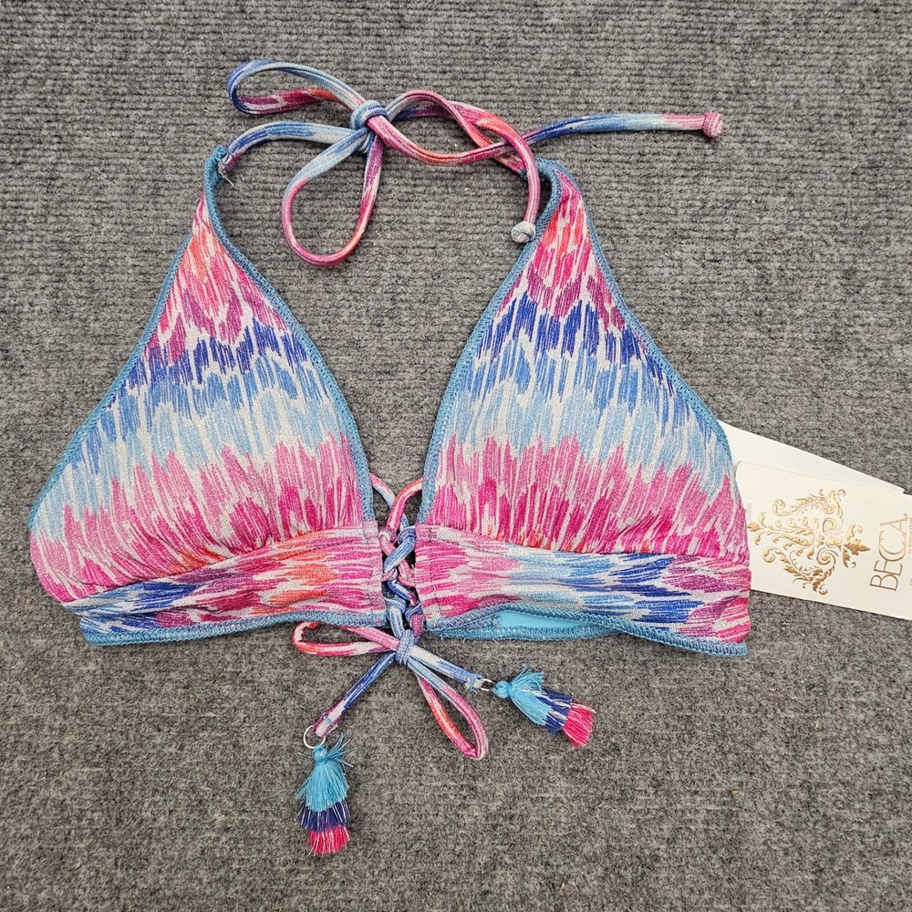 BECCA Bikini Top Womens Medium Multi Ikat Metallic Tassel Lace Up Swimwear NEW